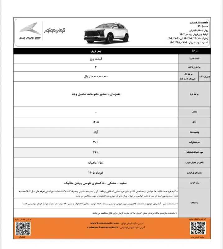 شرایط فروش کی ام سی ایکس ۵ مهر ۱۴۰۴