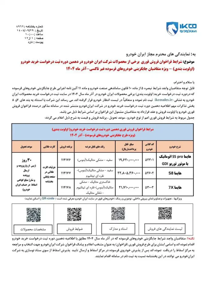 شرایط فروش محصولات ایران خودرو ویژه خودروهای فرسوده آذر ۱۴۰۴